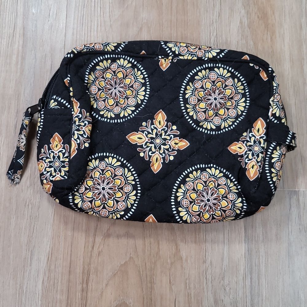 🔺️Stephanie Dawn Black & Yellow Quilted Floral Mandala Lined Travel Pouch